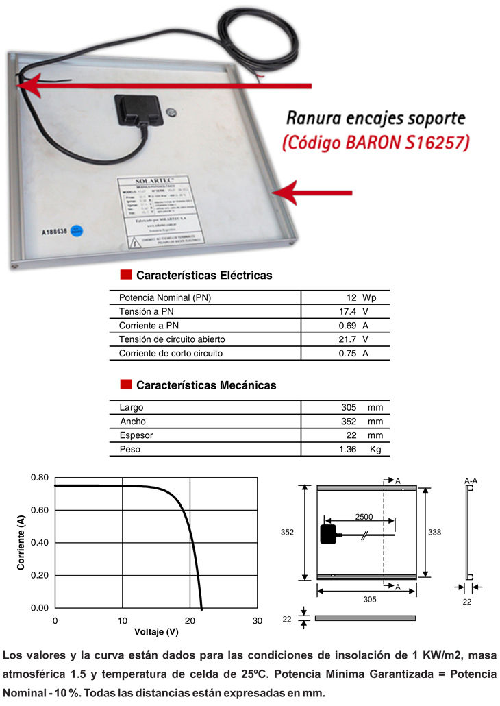 Panel solar rígido 12 watts KS12T (352mm x 305mm x 22mm)